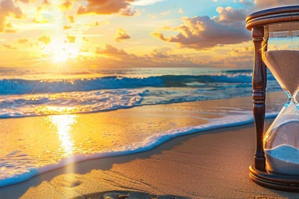 Cette image symbolise le temps qui passe. Un sablier en gros plan, posé sur la plage. Le soleil se couche. Ceci exprime les 5 regrets des personnes en fin de vie. Bronnie Ware