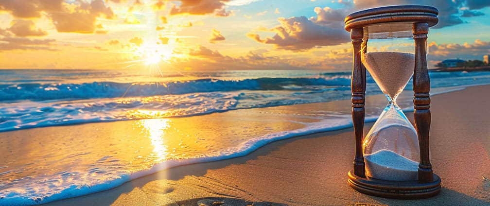 Cette image symbolise le temps qui passe. Un sablier en gros plan, posé sur la plage. Le soleil se couche. Ceci exprime les 5 regrets des personnes en fin de vie. Bronnie Ware Bronnie-ware-cing-regrets-personnes-mourantes