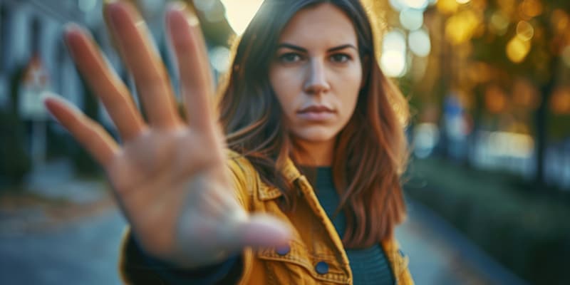Apprendre à mettre des limites - dire non - lever la main STOP Une femme a levé la main pour dissuader, arrêter les abus
